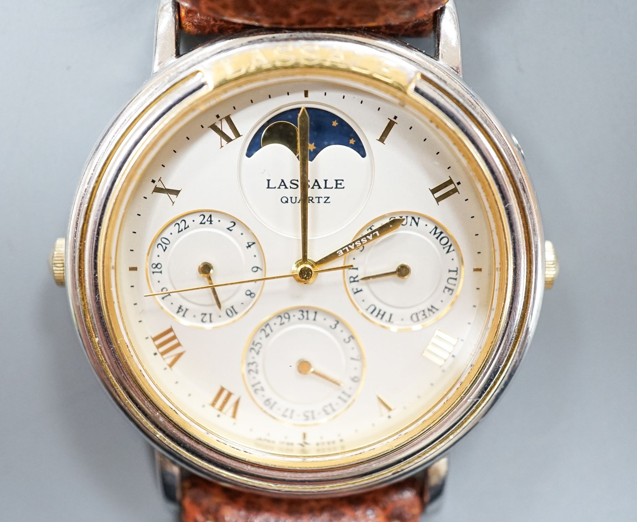 A gentleman's stainless steel Lasale moonphase calendar quartz wrist watch.